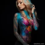girl with beautiful realistic tattoos on her body shows the safety of UV tattoos 4 10112023 tatufoto.com 24