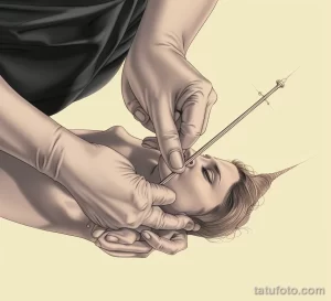 Эскиз процесса нанесения татуировки на лицо девушки. Мастер в перчатках держит тату-машинку над лицом пациентки.