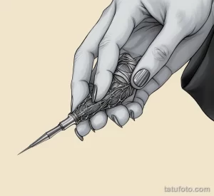 Эскиз руки, держащей тату-машинку. Изображение выполнено в черно-белой графике.