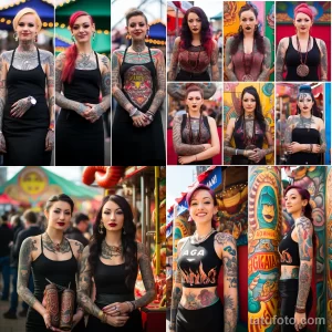 Коллаж из двенадцати фотографий девушек с разнообразными татуировками на руках и теле, позирующих на фоне ярмарки. Разнообразие стилей и дизайнов татуировок.