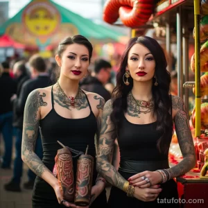 Фотография двух девушек с полными татуировками на руках и теле, позирующих на фоне ярмарки. Детальные и сложные рисунки татуировок.