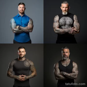 Коллаж из четырех фотографий мужчин с обширными татуировками на руках, груди и шее, демонстрирующих различные стили и сюжеты татуировок.