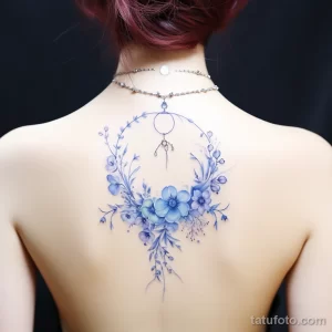 Фото тату с изображением нежного сердца, образованного из голубых цветов и листьев на спине девушки. Романтичный и изящный дизайн.