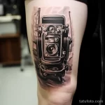 tattoo . Vintage camera tattoo on calf. v 16.11.2023 tatufoto.com 252