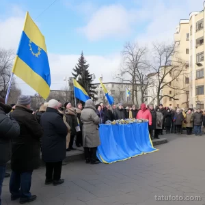 Фотография митинга с участием людей, держащих флаги Украины. На заднем плане видны здания и деревья.