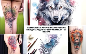 Фото коллаж: подборка акварельных татуировок с изображением цветов, животных и абстрактных узоров.