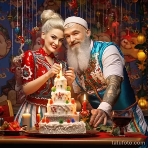 Фото тату: пара в праздничной одежде, мужчина с бородой и татуировками, женщина в красном платье, большой торт со свечами.