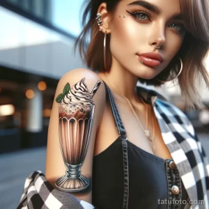 Фотография девушки с реалистичной татуировкой молочного коктейля на плече, смотрящей в камеру.