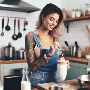 Фотография девушки с татуировками на руках, готовящей молочный коктейль на кухне.