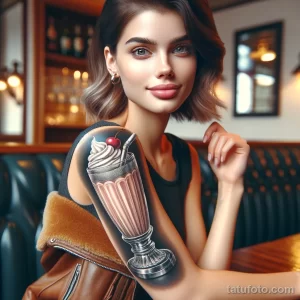 Фотография девушки с реалистичной татуировкой молочного коктейля на руке, сидящей в кафе.