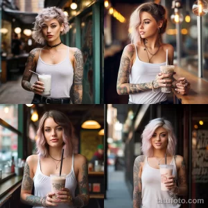 Коллаж из четырех фотографий девушки с татуировками на руках, держащей напиток в кафе.