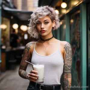 Фотография девушки с кудрявыми волосами и татуировками на руках, держащей стакан с напитком на улице.