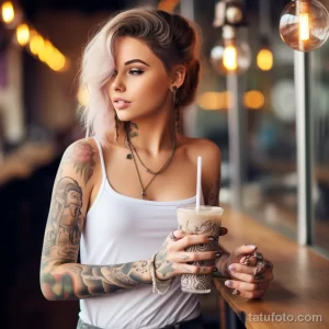 Фотография девушки с выбритым виском и татуировками на руках, пьющей молочный коктейль в кафе.