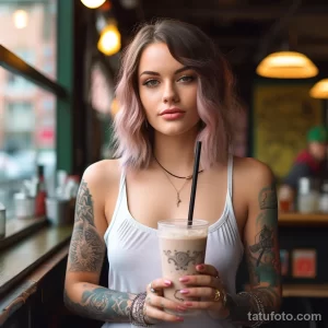 Фотография девушки с розовыми волосами и множеством татуировок на руках, держащей молочный коктейль в кафе.