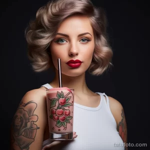 Фотография молодой женщины с уложенными волосами, держащей стакан с напитком. На ее руке видна татуировка с изображением цветов.