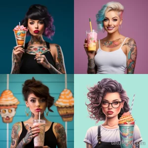 Коллаж из четырех фотографий девушек с татуировками на руках и шее, держащих различные напитки в стаканах.