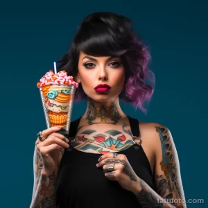 Фотография девушки с темными волосами и ярким макияжем, держащей стакан с напитком. На теле девушки множество татуировок в стиле олд скул.