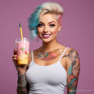 Фотография молодой блондинки с татуировками на руках и груди, держащей яркий напиток в пластиковом стакане. На заднем плане - розовая стена.
