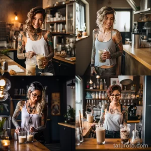Фото коллаж с изображением бариста с татуировками, работающей в кофейне. Изображение демонстрирует стиль и профессионализм.