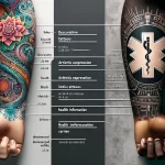 Фото тату медицинской татуировки на руке. Изображены символы, указывающие на группу крови и другую важную медицинскую информацию.
