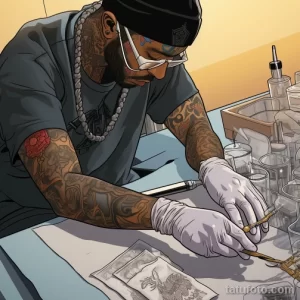 Фотография тату-мастера, работающего над рисунком татуировки. Он одет в кепку и перчатки, а на его руках видны татуировки.