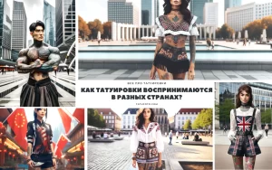 Коллаж из фотографий людей с татуировками в разных странах, демонстрирующий разнообразие стилей и культурных традиций.