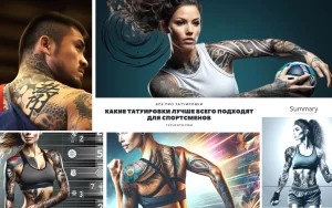 Коллаж с фотографиями спортивных татуировок для мужчин и женщин, включая иероглифы, абстрактные узоры и изображения спортивных снарядов. Идеально для поиска идей для спортивных татуировок.