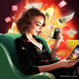 Иллюстрация девушки, держащей телефон и смотрящей на экран ноутбука. Вокруг нее летают деньги и яркие огни.