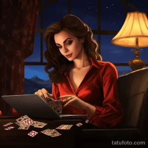 Иллюстрация девушки в красном платье, играющей в онлайн-покер с ноутбуком и картами. Элегантный интерьер и ночной вид за окном.