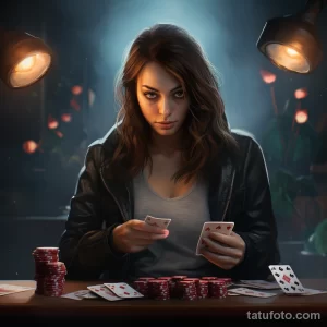 Фотография молодой женщины, сосредоточенно играющей в покер. Карты, фишки и напряженная атмосфера казино.