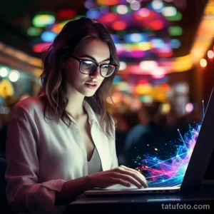 Фотография девушки в очках, работающей за ноутбуком в казино. Яркие огни и атмосфера ночной жизни.