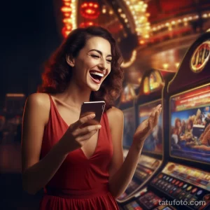 Фотография девушки, радостно играющей в казино, держащей телефон и окруженной яркими огнями игровых автоматов.