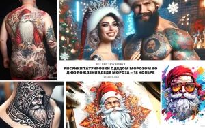 Фото коллажа с различными эскизами татуировок с изображением Деда Мороза, включая тату на спине и отдельные рисунки.