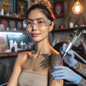 Фотография тату-мастера, делающего татуировку на плече клиентке в тату-студии, с акцентом на детали и профессионализм.