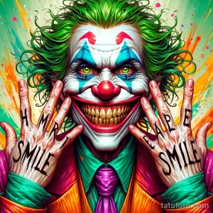 Фото тату: портрет безумного Джокера с широкой улыбкой и надписью 'HURT SMILE' на пальцах, выполненный в ярком и экспрессивном стиле.