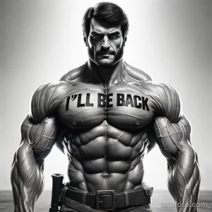 Фото тату на груди мускулистого мужчины с надписью 'I'll Be Back' и изображением пистолета. Черно-белый рисунок татуировки в стиле реализм.