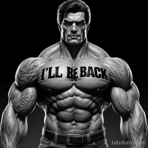 Фото тату на груди мускулистого мужчины с надписью 'I'll Be Back'. Черно-белый рисунок татуировки в стиле минимализм.