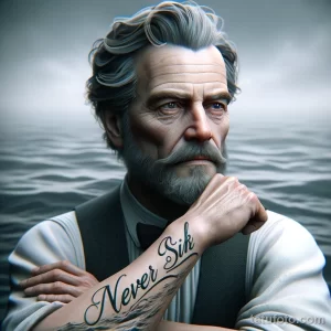 Фото тату на руке пожилого мужчины с надписью 'Never Sink'. Классический рисунок татуировки в стиле леттеринг.
