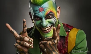 Фото тату: мужчина с гримом Джокера, зеленый цвет лица, безумная улыбка, татуировки на руках, яркий макияж.