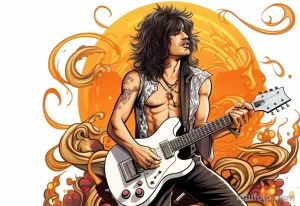 Фото яркого эскиза татуировки с изображением рок-музыканта, играющего на гитаре. Вокруг него - яркие вихри и брызги.
