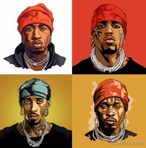 Фото коллажа из четырех изображений 2Pac в разных шапках. Стиль рисунка - яркий и детализированный портрет.