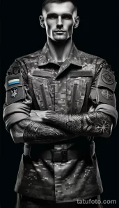 Фото татуировки на руке мужчины в военной форме, выполненной в черно-белом стиле. Изображены детализированные элементы: оружие, птицы, символика Украины.
