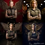 Коллаж из четырех фотографий девушек с военной тематикой и обилием татуировок на теле, демонстрирующих разные стили и образы.