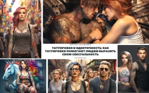 Коллаж из фотографий с различными татуировками на телах людей, демонстрирующий разнообразие стилей, сюжетов и техник. Фото тату для вдохновения.