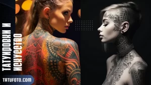 Фото тату: коллаж из двух изображений: девушка с татуировкой в стиле трайбл на спине и девушка с геометрической татуировкой на лице.