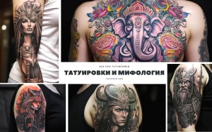 Фото коллажа из нескольких татуировок на мифологическую тематику: египетская богиня, слон Ганеша, воительница, бог Один и Посейдон.