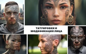 Фотоколлаж с изображениями татуировок на лицах мужчин и женщин в различных стилях, включая маори, геометрию и абстракцию. Демонстрация экстремальных и креативных тату.