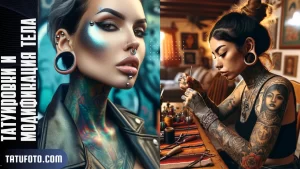 Коллаж из фотографий, демонстрирующих различные виды модификаций тела: татуировки, пирсинг, растяжки в ушах и другие.