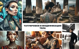 Коллаж из фотографий, демонстрирующих различные виды татуировок и модификаций тела на разных людях. Разнообразие стилей и техник.