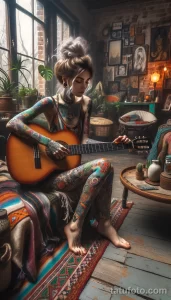 Фото тату: девушка играет на гитаре, демонстрируя красочные татуировки на руках и ногах в уютной домашней обстановке.